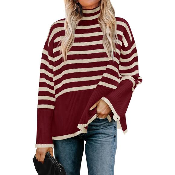 Striped Mock Neck Sweater NEW Womens XL Maroon White Side Slit Casual  Oversized - Picture 1 of 5